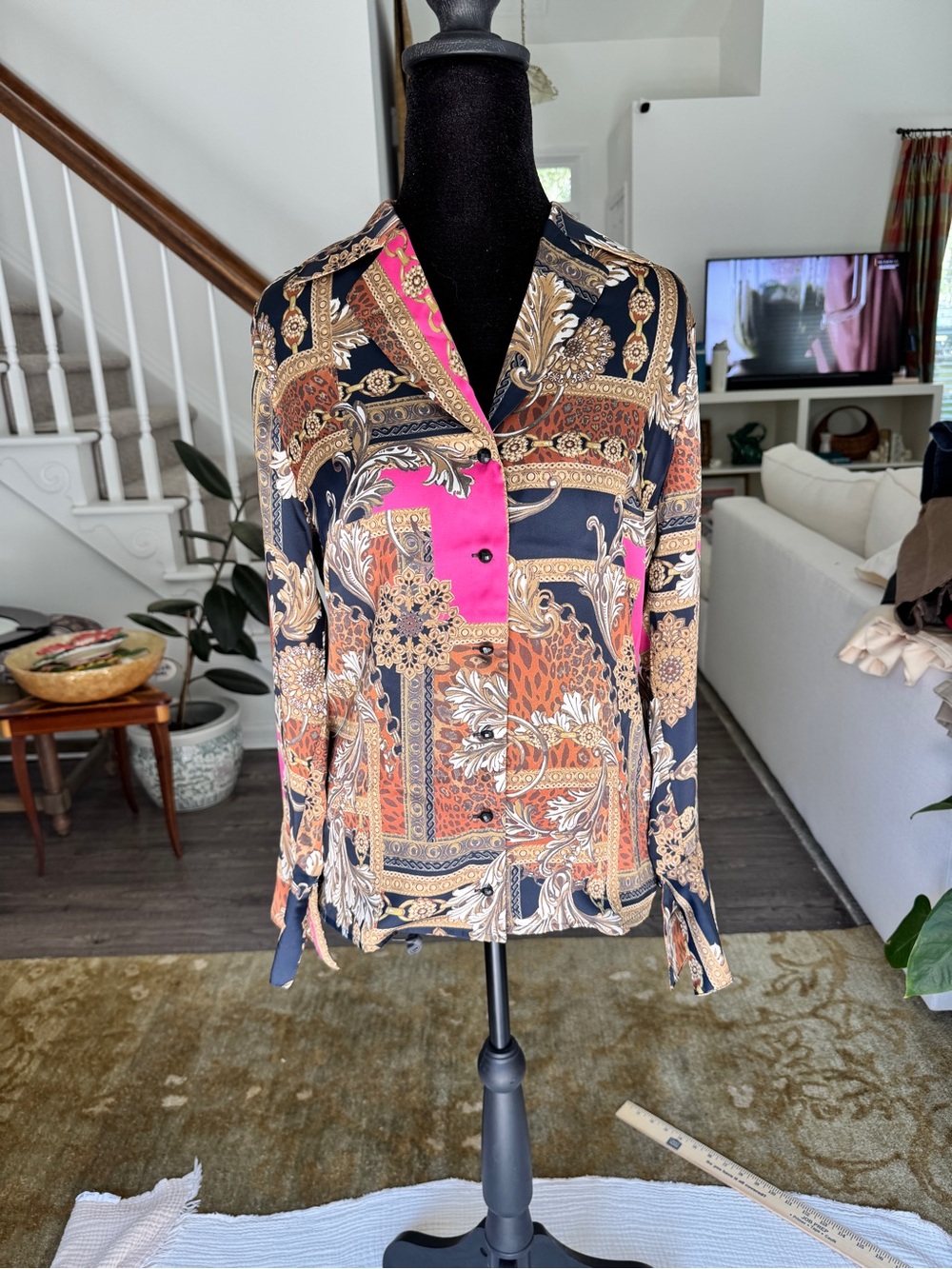 Cache Multicolor Printed Button-Front Blouse — Black, Pink, Brown